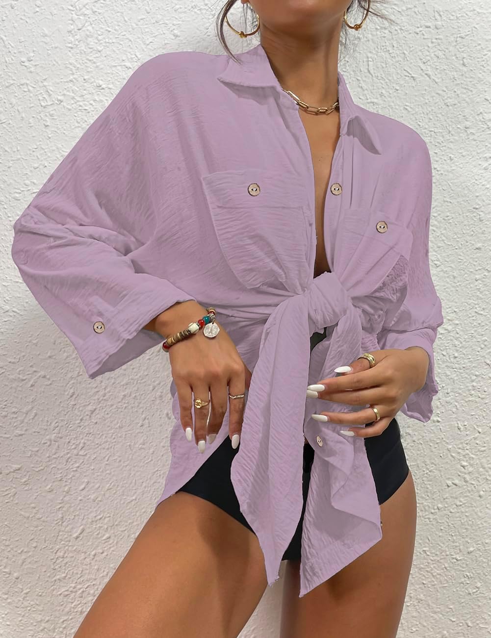 Bsubseach Frauen Badeanzug Coverup Shirt Kleid Button Down Badeanzug Cover Up Beachwear B-Lila M, B-