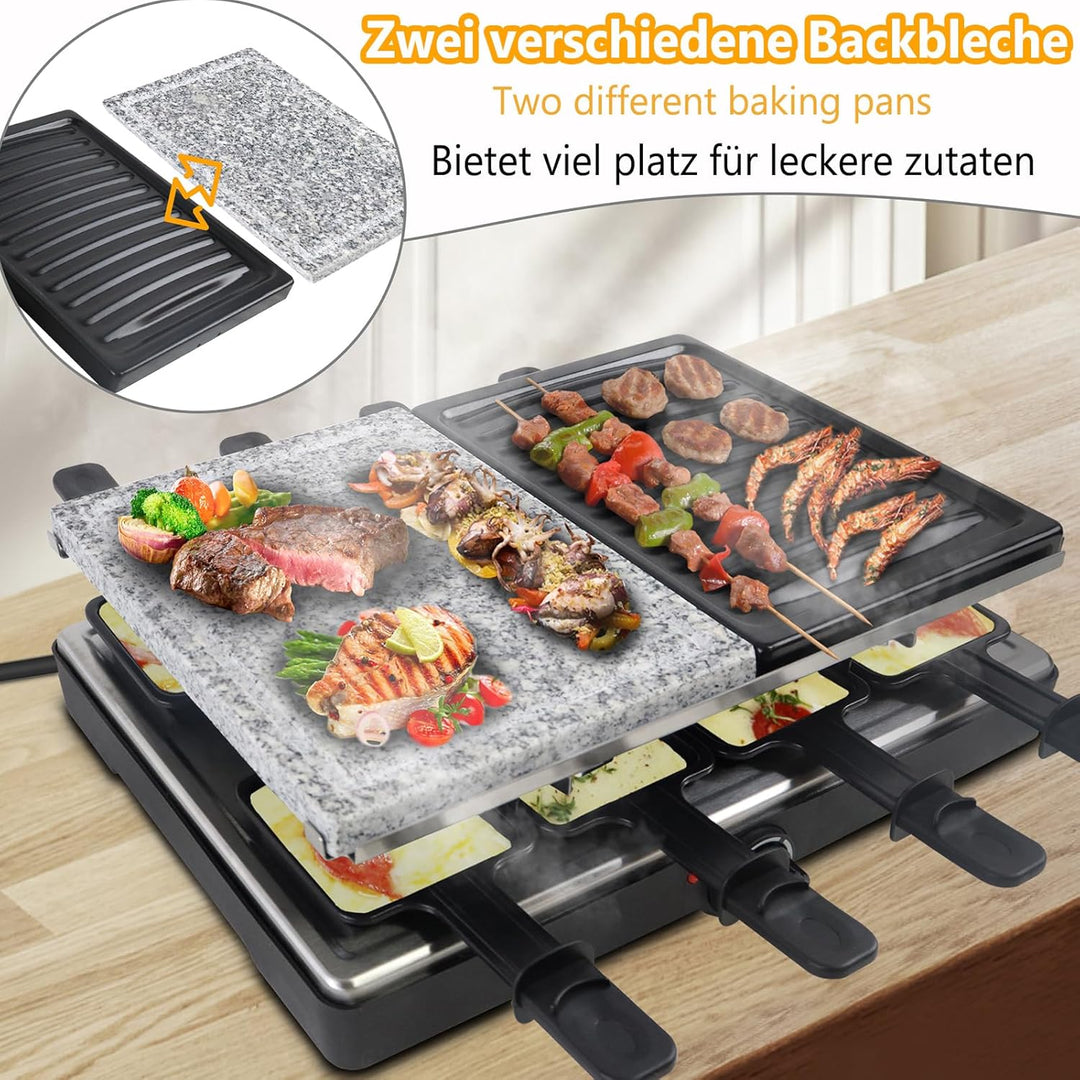YARDIN Raclette Grill Grillplatte Tischgrill für 8 Personen, Steinplatte und Grillplatte Antihaftbes