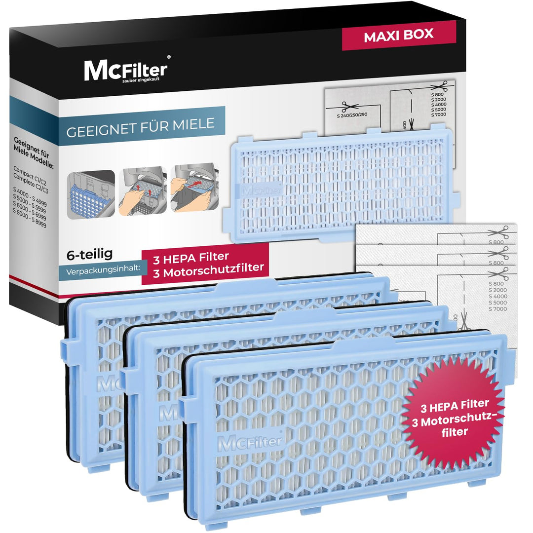 McFilter | 3 HEPA Filter + 3 Motorfilter geeignet für Miele Staubsauger GN Serie S4 S5 S6 S8, Comple
