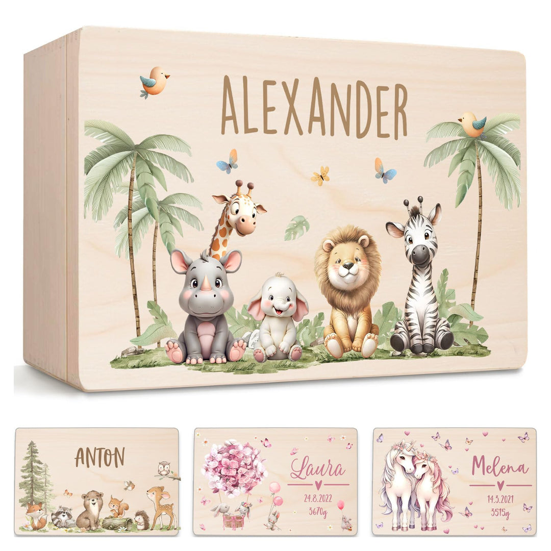 Little Deco Erinnerungskiste Personalisierte Baby Holzkiste | L - 40 x 30 x 20 cm | Safaritiere Gesc