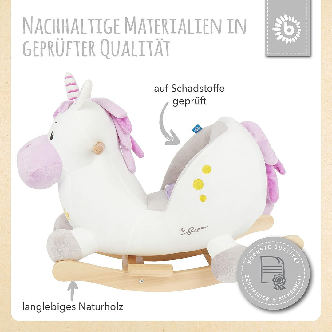 Bieco Plüsch Schaukeltier Einhorn, 60 cm | Kinder Schaukelstuhl mit Sicherheitsgurt | Baby Schaukel