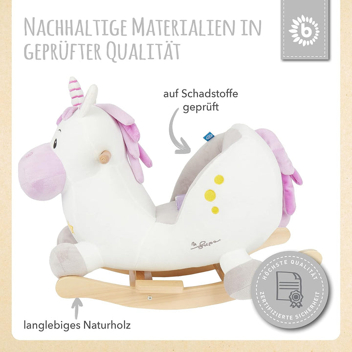 Bieco Plüsch Schaukeltier Einhorn, 60 cm | Kinder Schaukelstuhl mit Sicherheitsgurt | Baby Schaukel