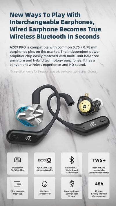 CCA KZ AZ09 PRO Bluetooth Modul,IEM Kopfhörerkabel,Apt X Wireless Ear Hooks Kopfhörer Wasserdicht 5.