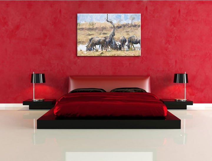 Kaffernbüffelherde in Savanne Deluxe Format: 100x70 cm auf Leinwand, XXL riesige Bilder fertig gerah