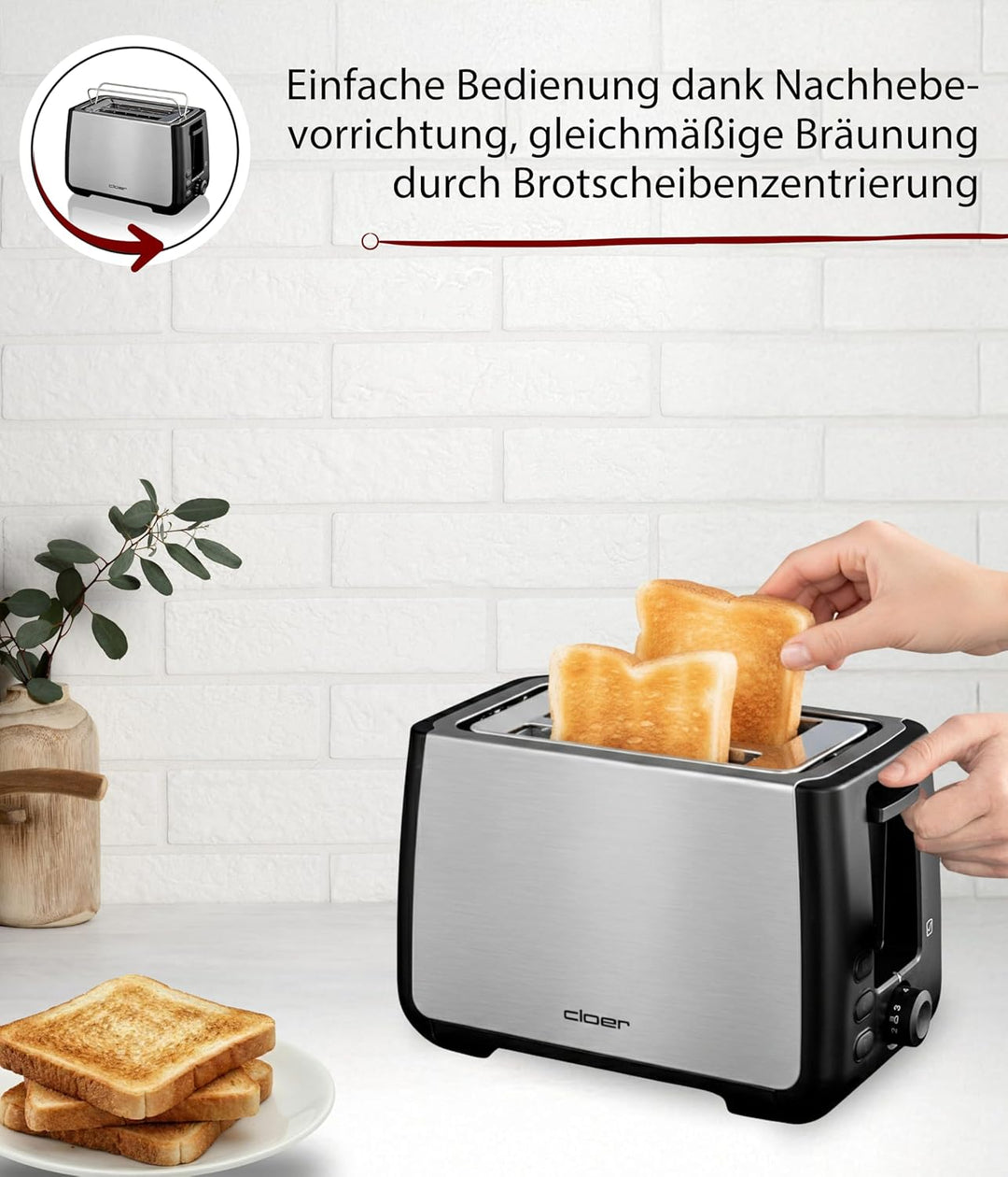Cloer 3569 King-Size-Toaster für 2 XXL Scheiben, Check-Funktion, Edelstahlgehäuse, 1000 Watt, schwar