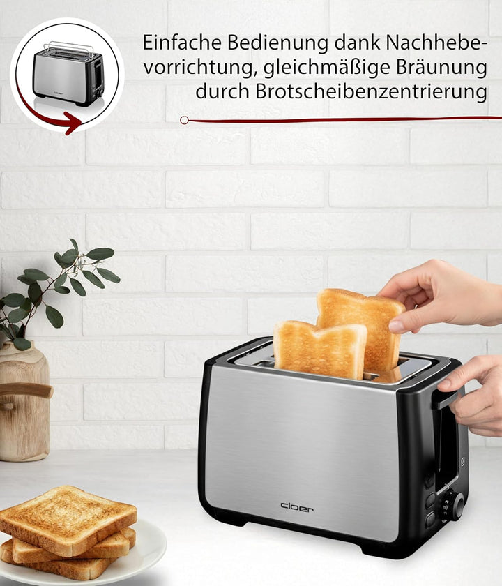 Cloer 3569 King-Size-Toaster für 2 XXL Scheiben, Check-Funktion, Edelstahlgehäuse, 1000 Watt, schwar