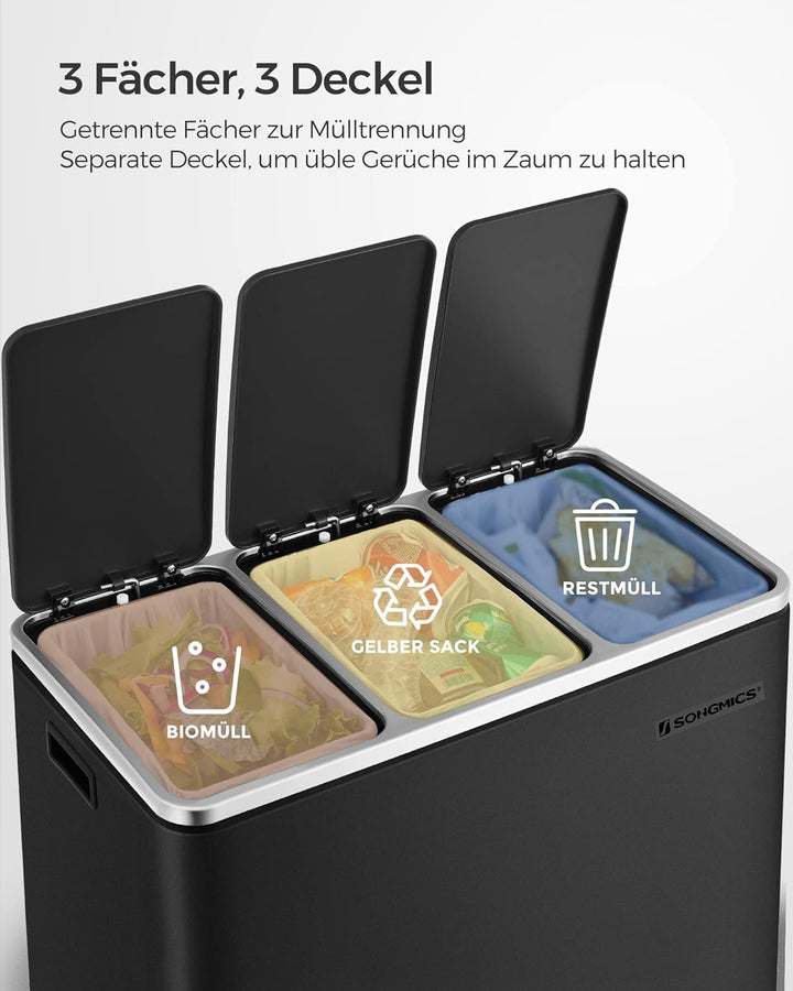 SONGMICS Mülleimer Küche, Mülltrennsystem, 3 x 18 L, Treteimer mit 3 Fächern, Abfalleimer, Softclose