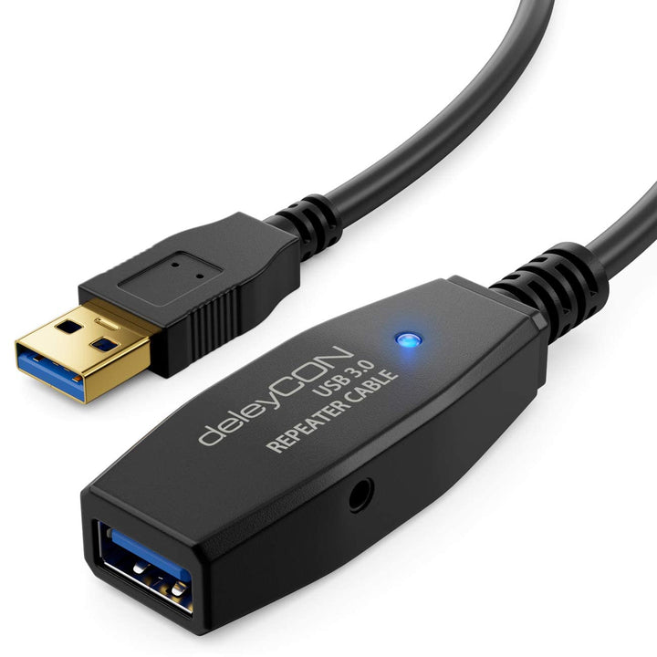 deleyCON 15m Aktives USB 3.0 Kabel Aktive Verlängerung mit 2 Signalverstärker &amp; Netzteil USB3.0 Repe