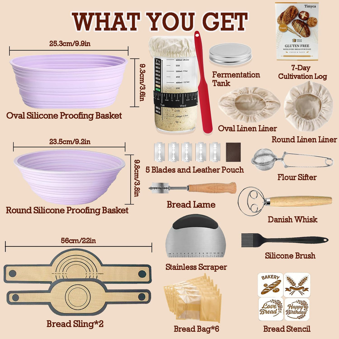 Sauerteig Starter Set, 650ml Gärglas, Klappbare Silikongärkörbe Rund Und Oval，30-Teilig Gärkorb Brot