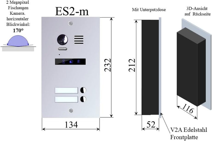 Video Türsprechanlage für 2-Familienhaus, mit Bester 2-Draht-Technologie, 2-Megapixel Fischaugenkame