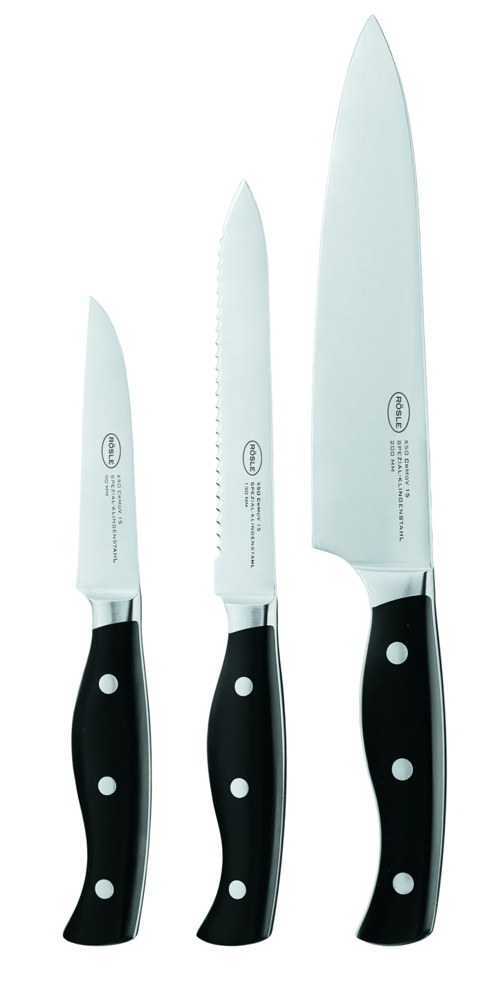RÖSLE PURA Messerset 3-tlg., Hochwertiges Kochmesser, Universalmesser, Gemüsemesser mit scharf gesch