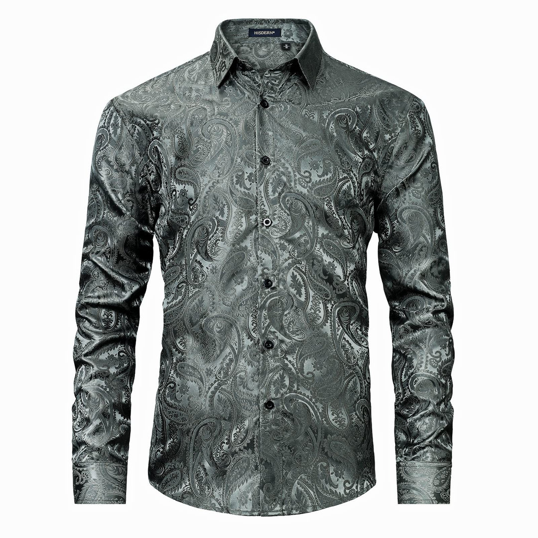 HISDERN Herren Paisley Hemd Langarm Satin Blumen Muster Hemd für Männer Jacquard Stickerei Freizeith