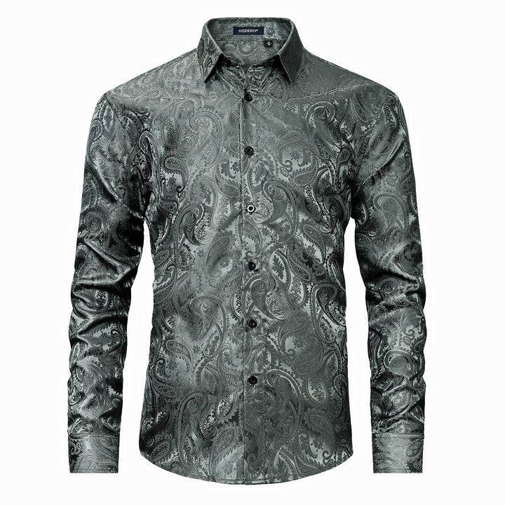 HISDERN Herren Paisley Hemd Langarm Satin Blumen Muster Hemd für Männer Jacquard Stickerei Freizeith