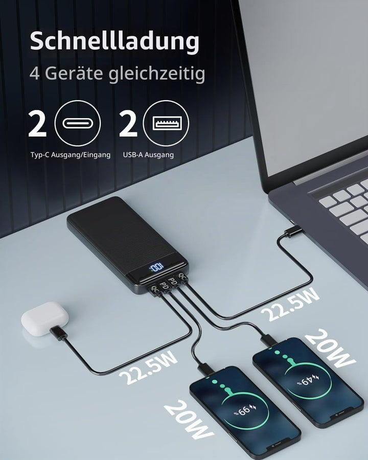 Power Bank 26800mAh, 22.5W Powerbank, Externer Handyakku Schnellladen USB C Input &amp; Output mit LED A