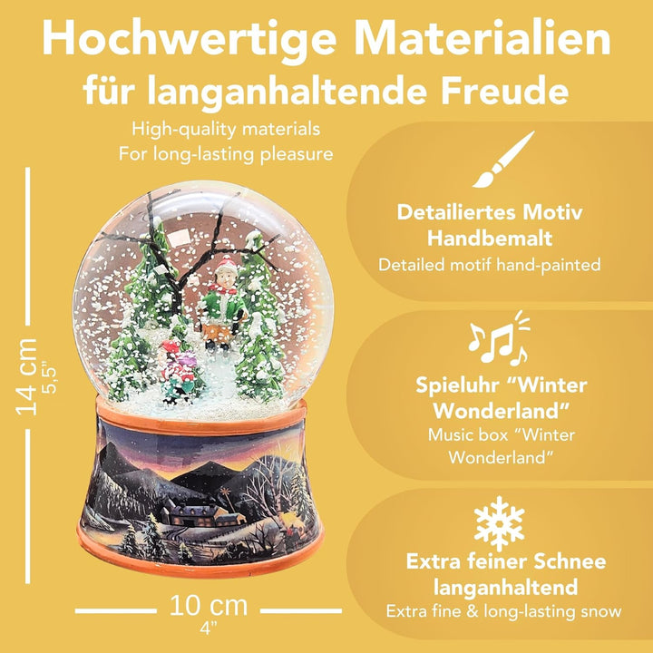 Schneekugel Weihnachten mit Musik | Nostalgische Skifahrer | Sockel Winterlandschaft Ocker| H: 14cm