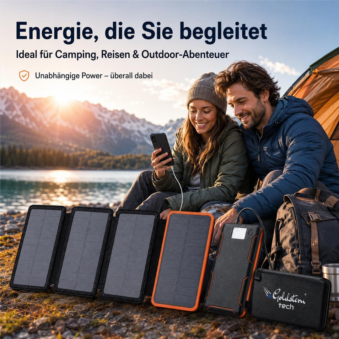 Solar Powerbank 36.800mAh, 4 Solarpanels, 15W Schnellladen, USB-C & QC 3.0, LED-Taschenlampe, Outdoo