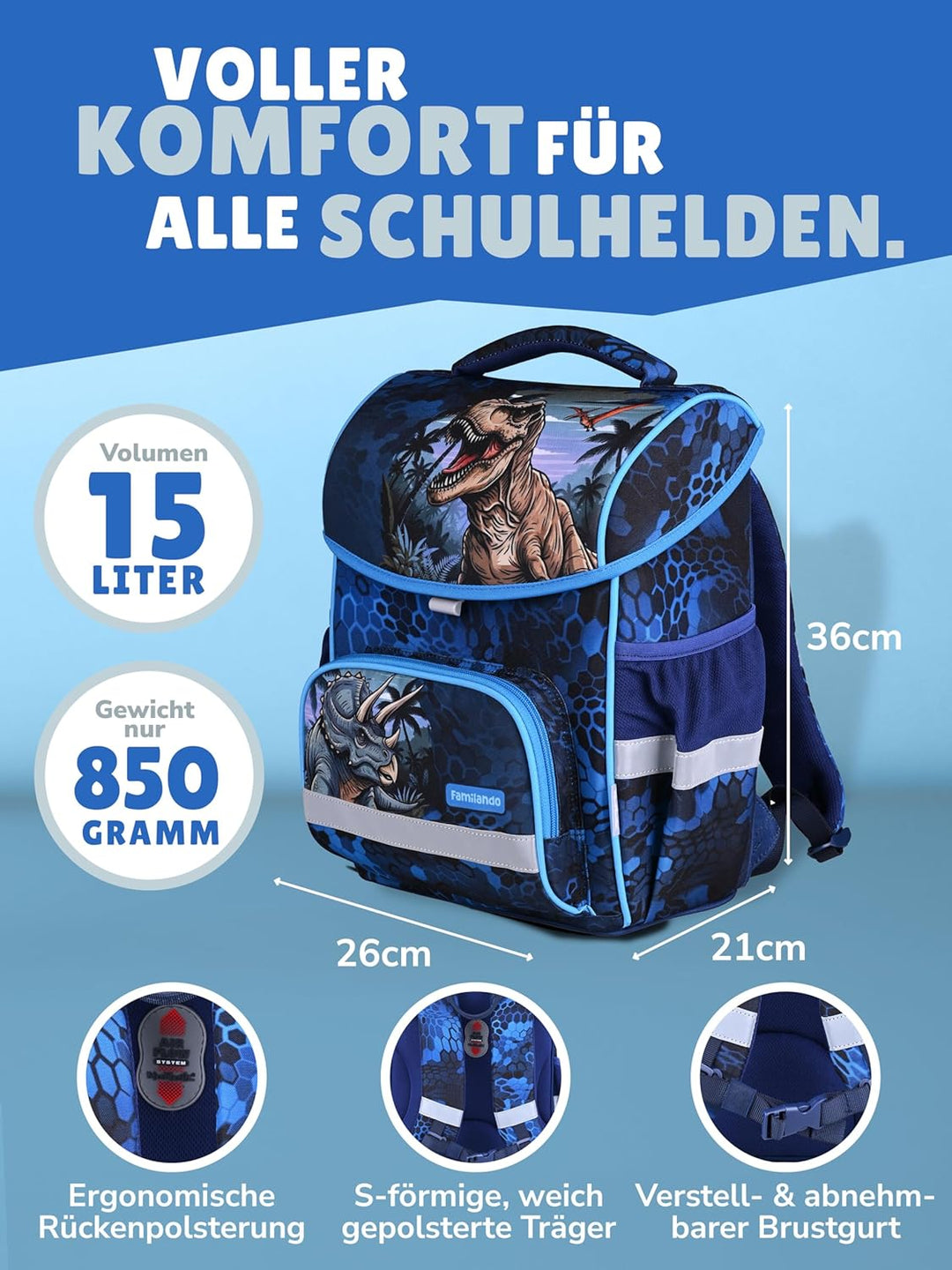 Familando - Basic-Plus Schulranzen Set - 10-teilig mit Schultüte - T-REX Dino - Ergonomisch, stabil