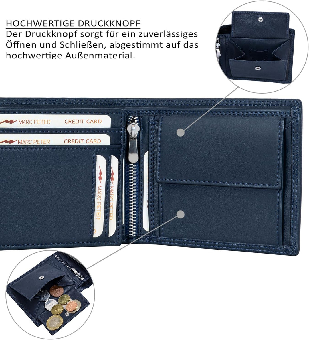 Marc Peter® Echt-Leder Geldbörse Hanover | Geldbeutel für Herren mit RFID-Schutz | Gross 10 Fächer P