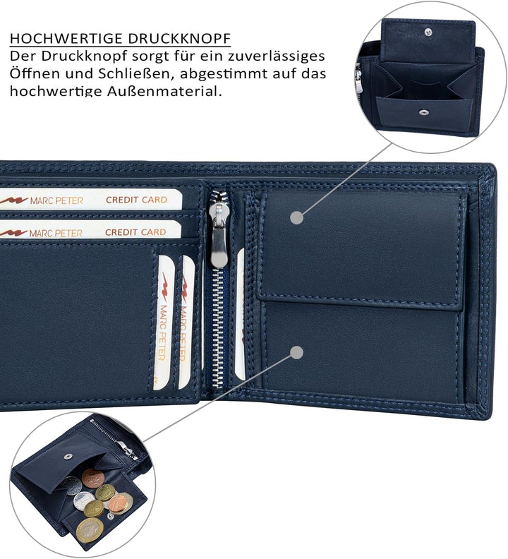 Marc Peter® Echt-Leder Geldbörse Hanover | Geldbeutel für Herren mit RFID-Schutz | Gross 10 Fächer P