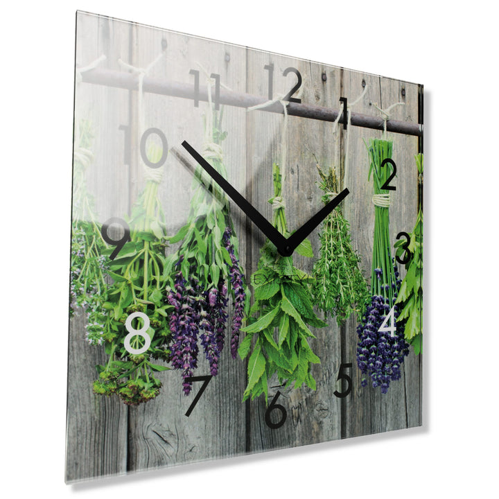 FLEXISTYLE Wanduhr küche Wohnzimmer 30 x 30 cm, aus Glas, mit Direktdruck eckig modern (PFLANZENBÜND
