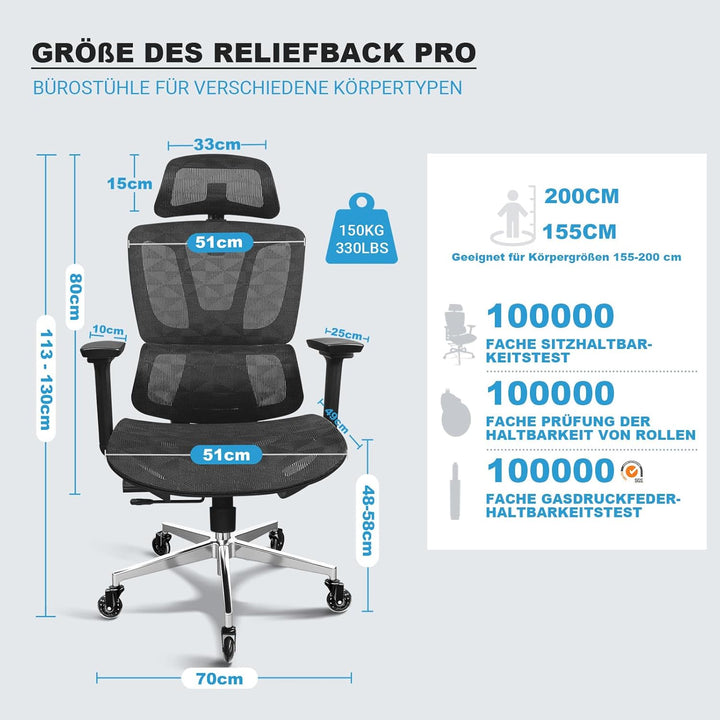 Bürostuhl Ergonomisch, 4D-Armlehnen, Verstellbare Sitztiefe, 4-stufige Neigung, Leise & Leichtgängig