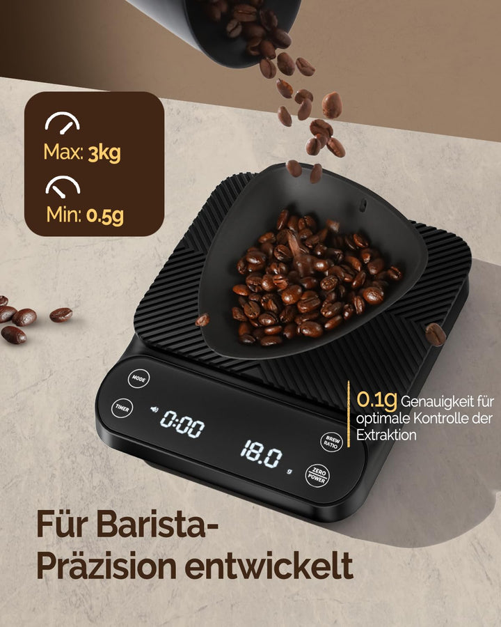Maestri House S3 Kaffeewaage mit Timer, 3kg/0,1g Wiederaufladbar Digitale Espresso Waage, 3 Brühmodi