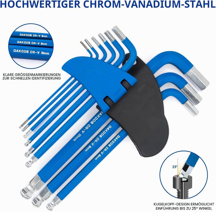 DAKCOS 18 tlg Torx Innensechskantschlüssel mit Griff TX &amp; HX Winkelschlüssel | T10-T50 &amp; 1,5mm-10mm