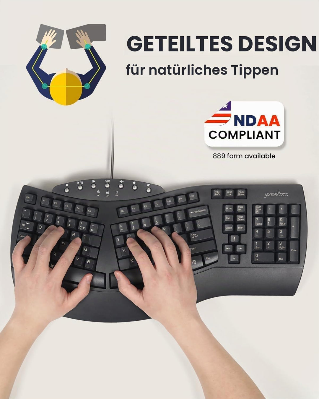 Perixx PERIBOARD 512 Ergonomische Tastatur USB QWERTY US English Layout, Schwarz Kabelgebunden, Kabe