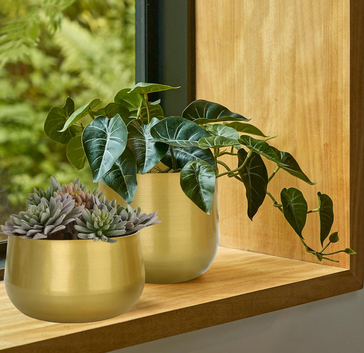 Vixdonos Messingfarbene Metall-Blumentöpfe für den Garten, 19,5 cm (7,1/6,3 Zoll), rund, für Sukkule