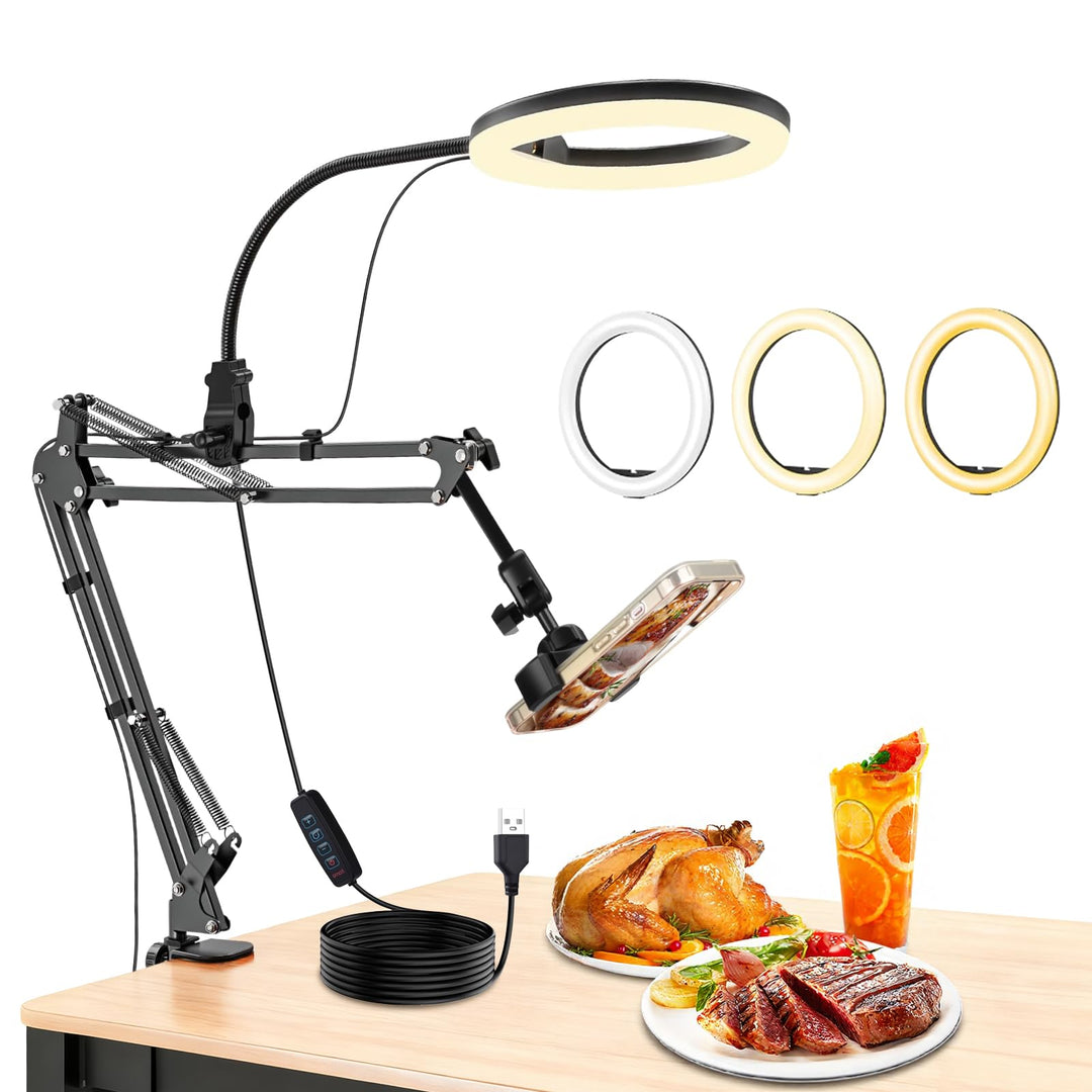 Handy-Stativ mit LED Ringlicht (10,24 Zoll), Stromversorgung über USB, 3 Farbmodi, 360 ° drehbare Be