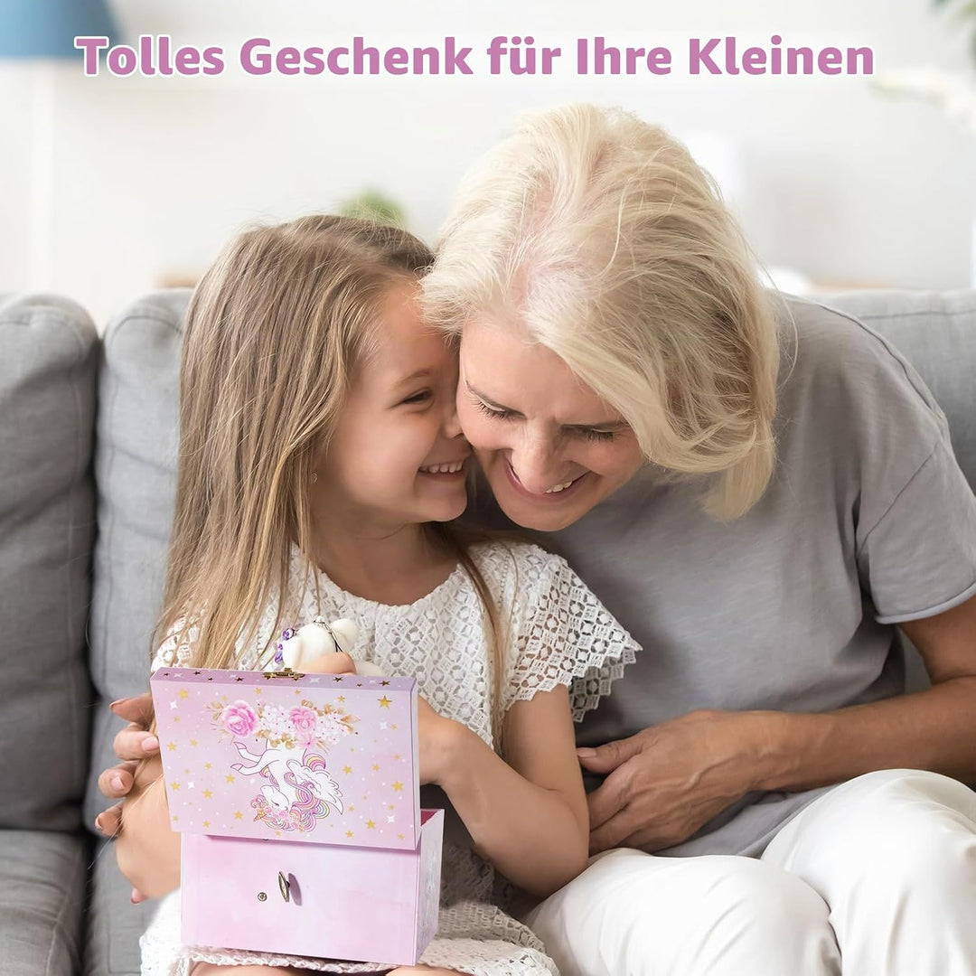 ProCase Kinder Musik Box Schmuckkästchen mit Spieluhr Einhorn &amp; Konservierte Blumen, Schmuckschatull