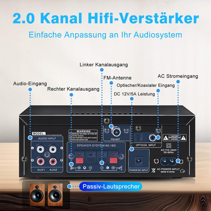 HiFi Audio Verstärker- WOOPKER AK55 Mini Bluetooth Amplifier Receiver 12V/ 220V 600W, 2 Kanäle Verst