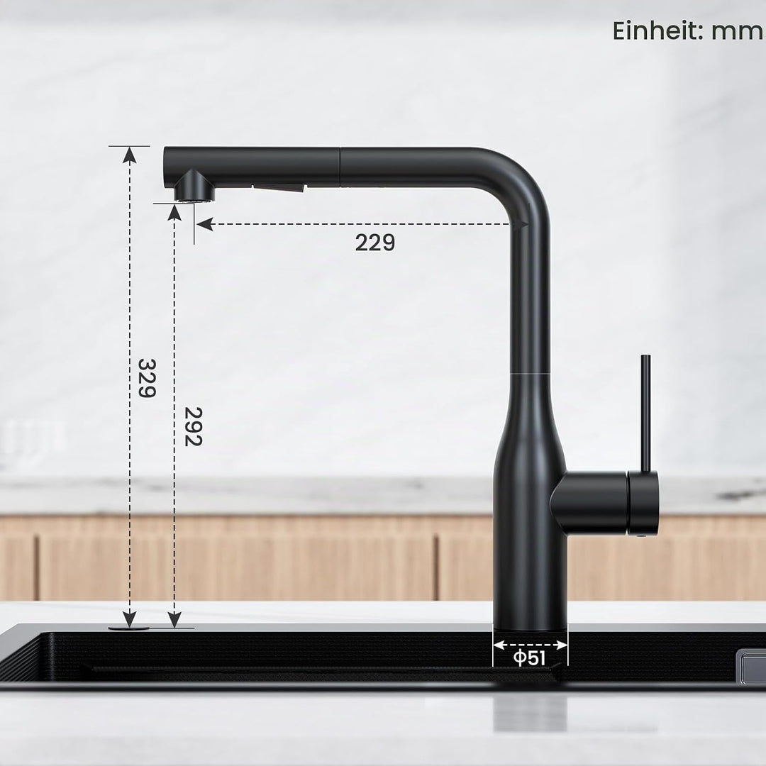 CECIPA Wasserhahn Küche Ausziehbar, Hochdruck Küchenarmatur Schwarz, 360° Schwenk Armatur Küche, Rob