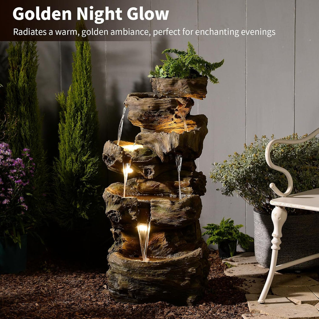 Sunlinua 103 cm H 4-stufiger Gartenbrunnen im Felsen-Look mit LED, Wasserfall und Springbrunnen für