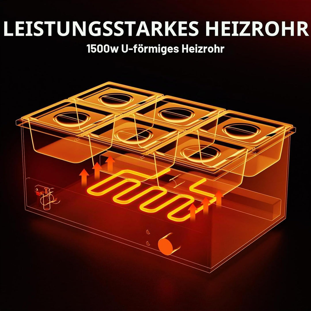 DULNICE Bain Marie Speisewärmer Elektrische Edelstahl 1500W 6 GN-Behältern Wasserbad mit Ablaufhahn,