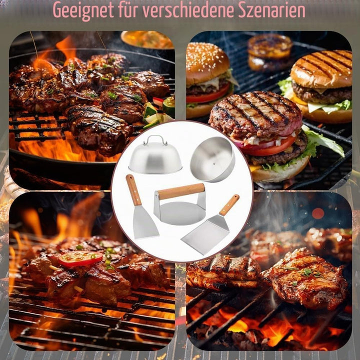 7 Stück Smash Burger Set, Burger Smasher, Smash Burgerpresse mit Pfannenwender und Burgerglocke und