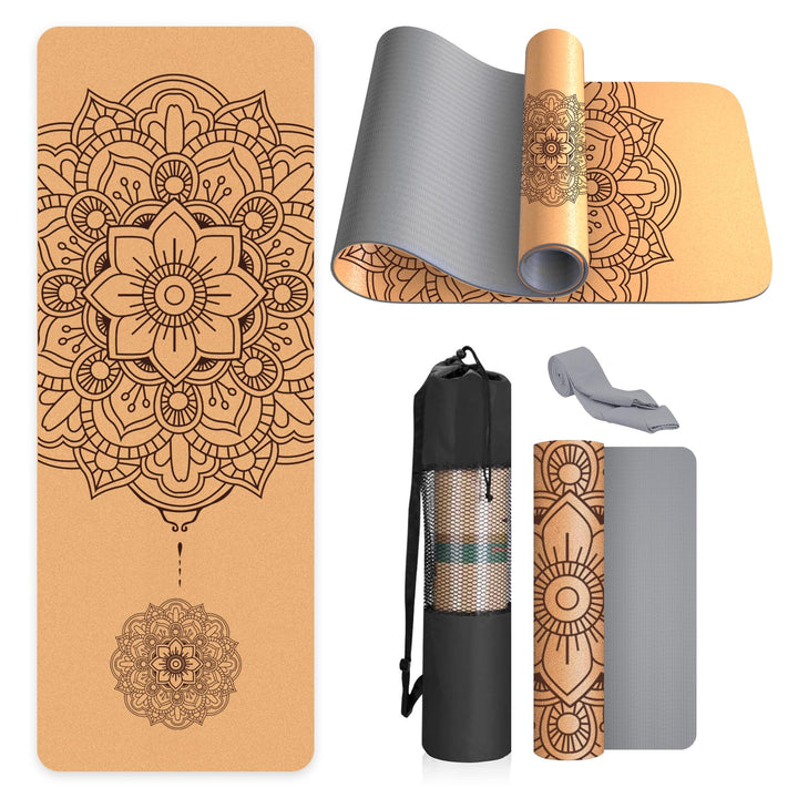 Yogamatte Kork – Rutschfeste Yoga Matte, Einzigartiges Design, Naturkautschuk TPE Gymnastikmatte, Tr