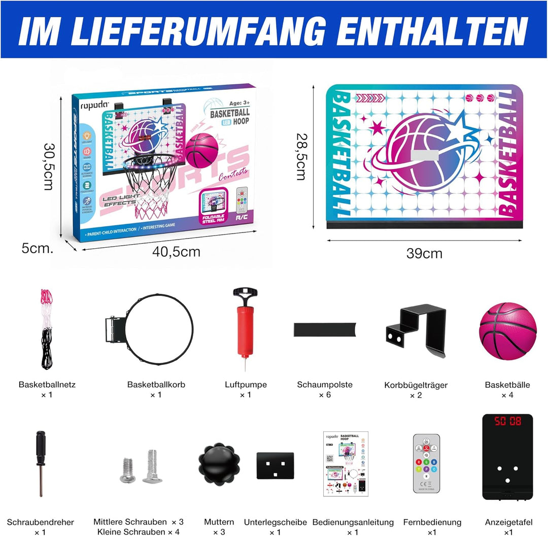 ROPODA Basketballkorb Indoor für Kinder, Mini Basketballkorb mit LED-Licht, Fernbedienung & Anzeiget