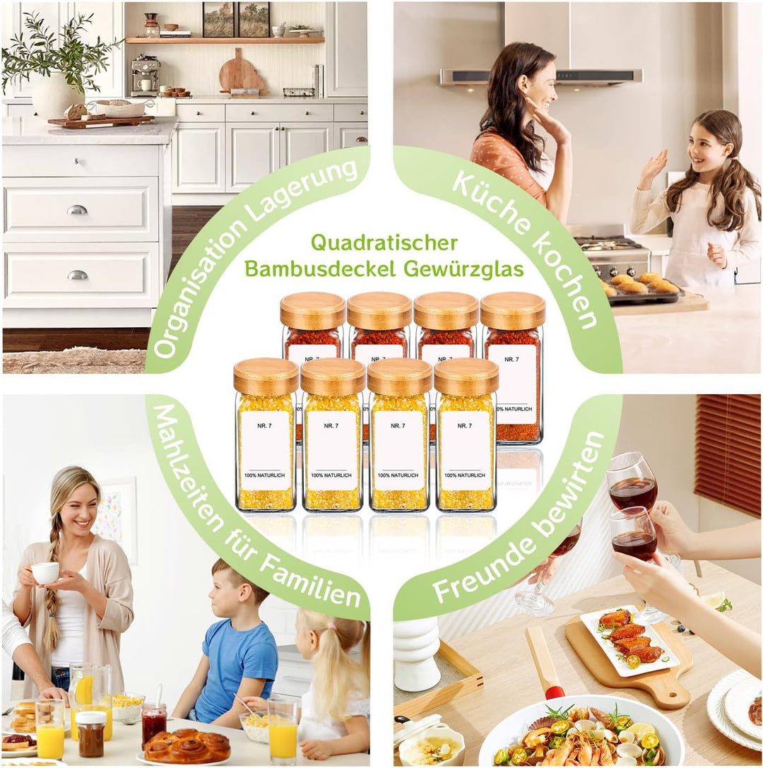 Umweltfreundlicher Bamboo-Deckel Gewürzgläser Eckig -Set,35Gewürzdosen Mit,Perfekte Organisation Küc