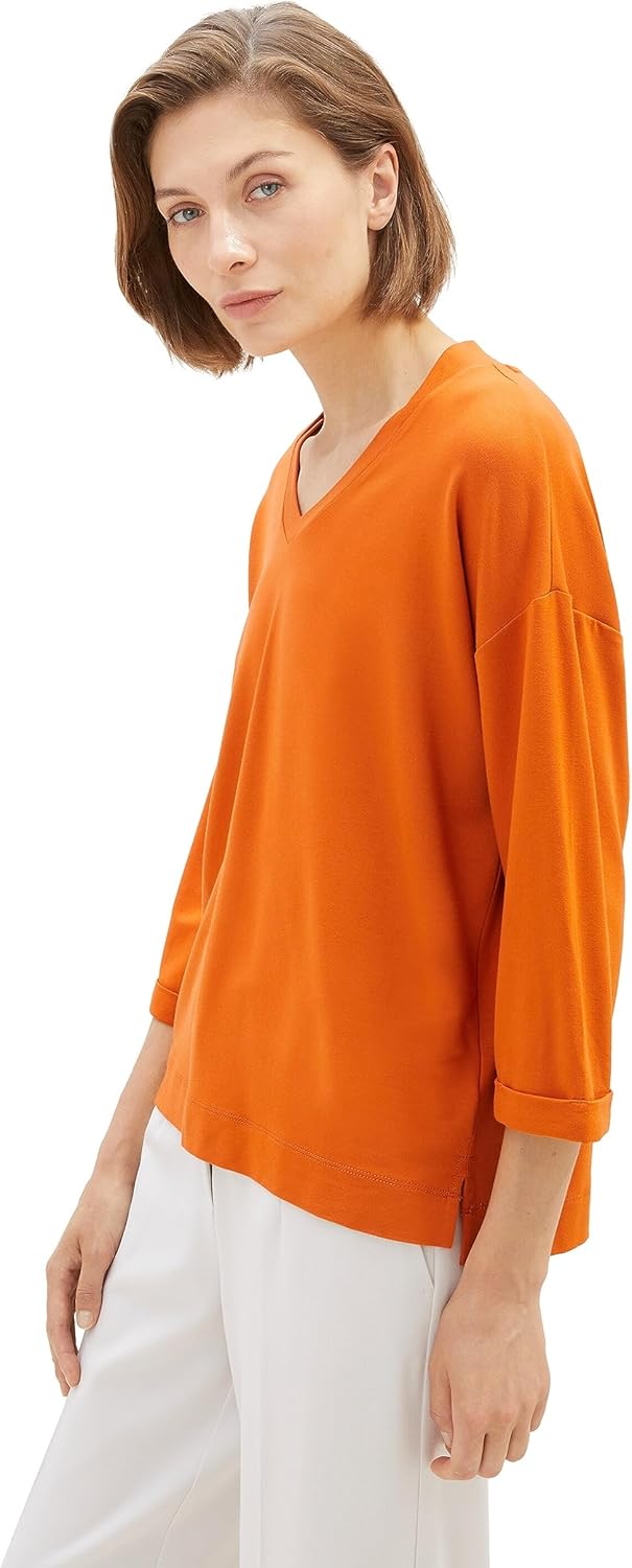 TOM TAILOR Damen Basic T-Shirt mit 3/4-Arm & V-Ausschnitt XS 19772 - Gold Flame Orange, XS 19772 - G
