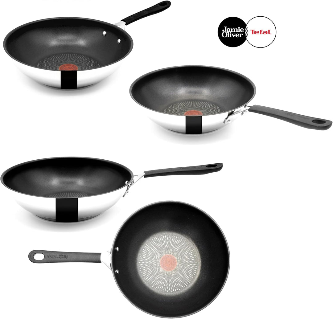 Tefal Jamie Oliver Wok 28 cm Induktion, Wokpfanne Edelstahl gross, Antihaft Beschichtet, Hoher Rand,