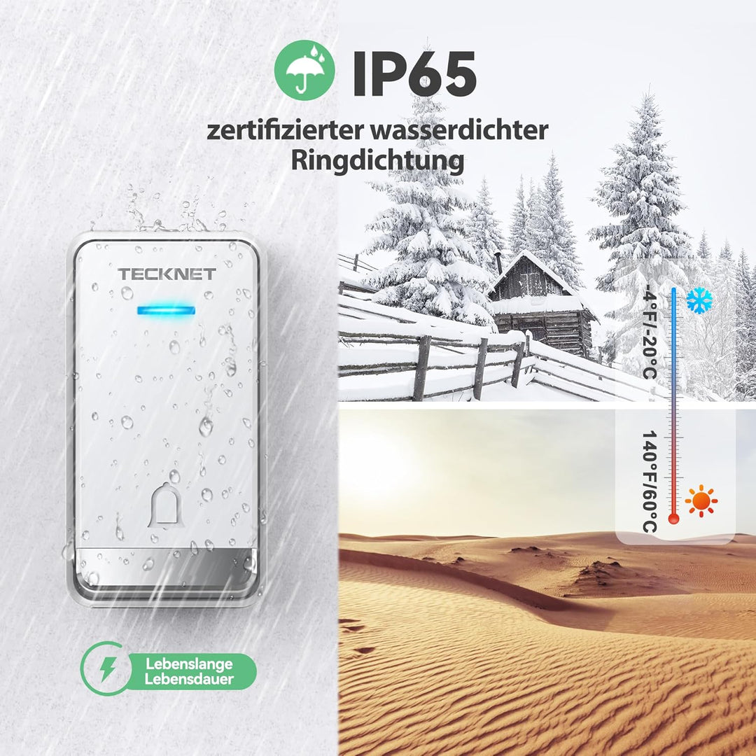 TECKNET IP65 Funkklingel Batterielosel IP65 400M mit 3 EU-Steckdosen 6 USB | 60 Melodien, 5 Lautstär