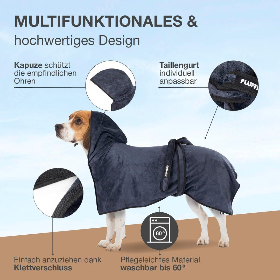 FLUFFINO Hundebademantel Dunkelblau Gr. M | Soft, saugstark, waschbar, schnell trocknend | Tierhandt