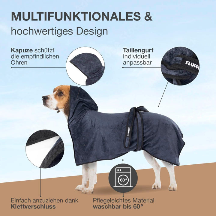 FLUFFINO Hundebademantel Dunkelblau Gr. M | Soft, saugstark, waschbar, schnell trocknend | Tierhandt