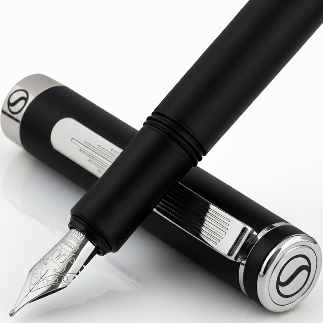 Scriveiner Luxus EDC Füllfederhalter (Mittel), Taschenfüller mattschwarz, verchromt, deutsche Schmid