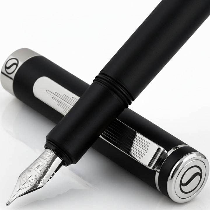 Scriveiner Luxus EDC Füllfederhalter (Mittel), Taschenfüller mattschwarz, verchromt, deutsche Schmid