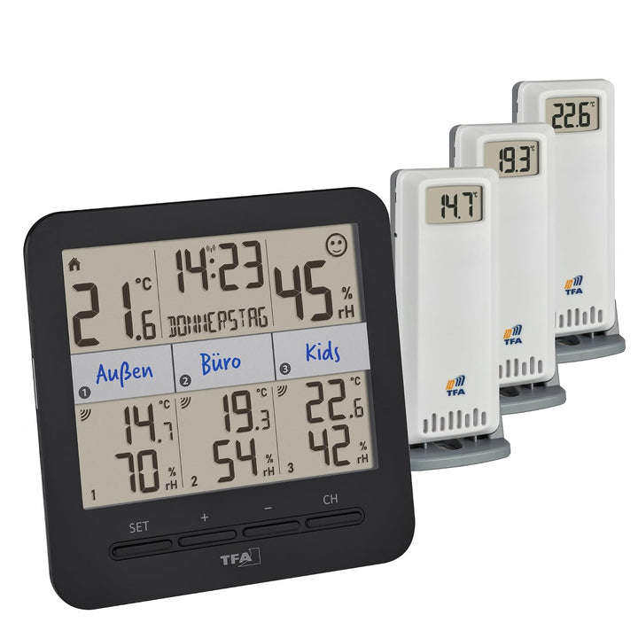 TFA Dostmann Thermo-Hygrometer mit 3 Sendern Klima@Home2, 30.3075.01, Temperatur/Luftfeuchtigkeit in