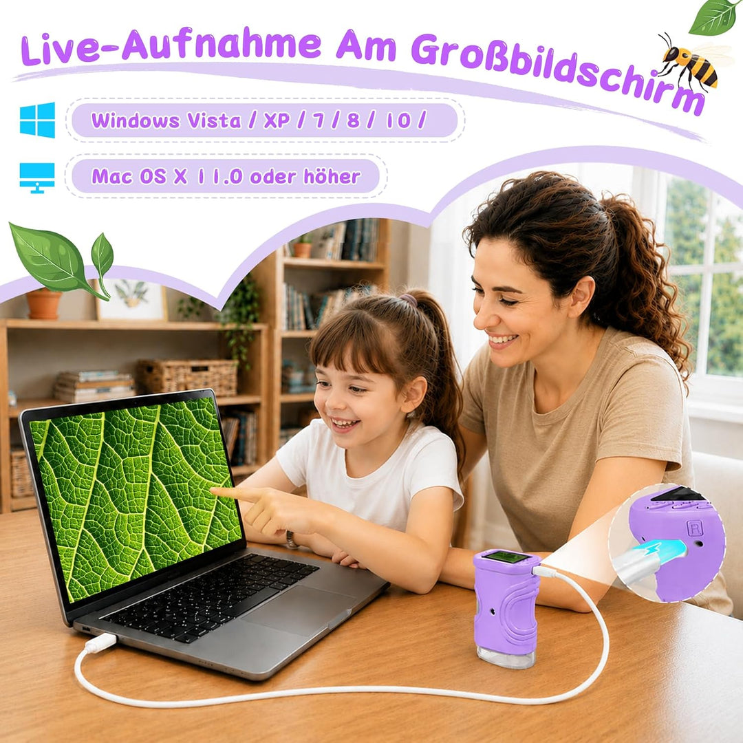 Digitales Mikroskop für Kinder 1000X, Abenteurer Mikroskop für Kinder mit 2 Zoll HD-Bildschirm, 8 LE