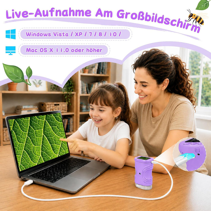 Digitales Mikroskop für Kinder 1000X, Abenteurer Mikroskop für Kinder mit 2 Zoll HD-Bildschirm, 8 LE