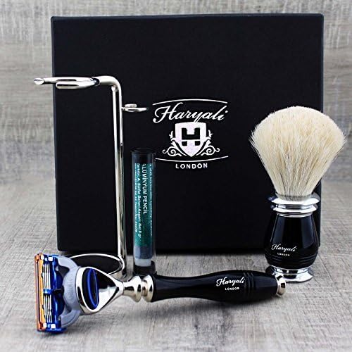 Haryali London Black Herren-Rasierset mit 5-Kant-Rasiermesser, Rasierpinsel, Alaunstift und Rasierst